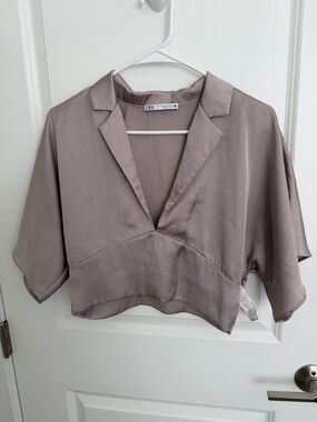 Zara Taupe Satin Cropped V-Neck Top